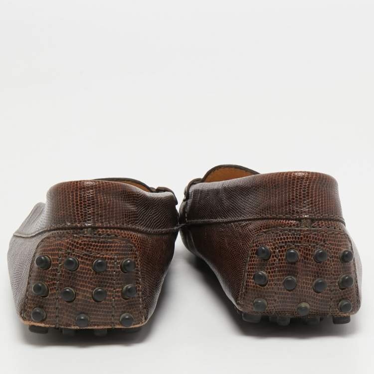 Pre Owned Tod's Dark Brown Lizard Embossed Leather Driver Loafers Size 37.5