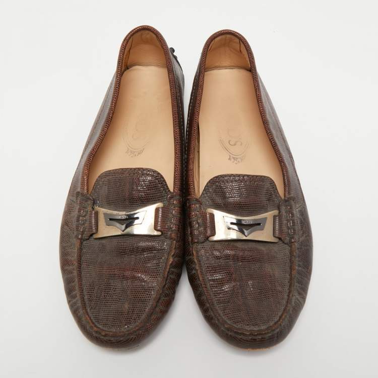 Pre Owned Tod's Dark Brown Lizard Embossed Leather Driver Loafers Size 37.5