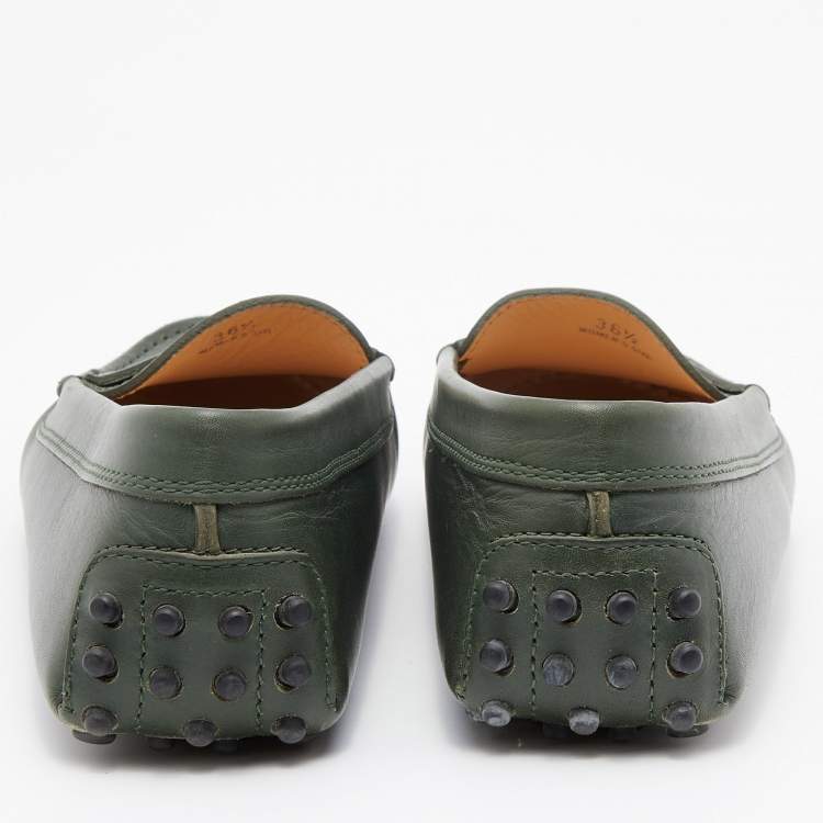 Pre Owned Tod's Dark Green Leather Gommino Slip On Loafers Size 36.5
