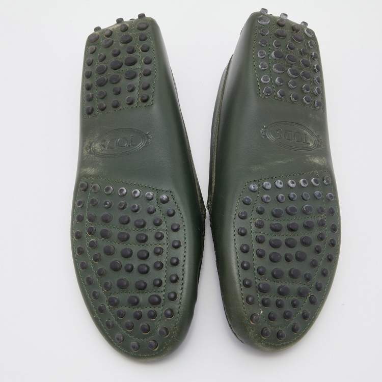 Pre Owned Tod's Dark Green Leather Gommino Slip On Loafers Size 36.5