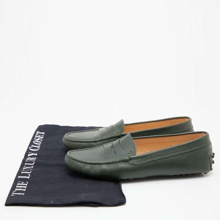 Pre Owned Tod's Dark Green Leather Gommino Slip On Loafers Size 36.5