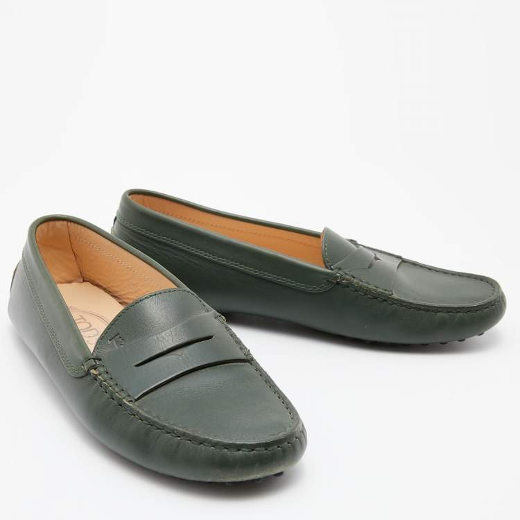Pre Owned Tod's Dark Green Leather Gommino Slip On Loafers Size 36.5