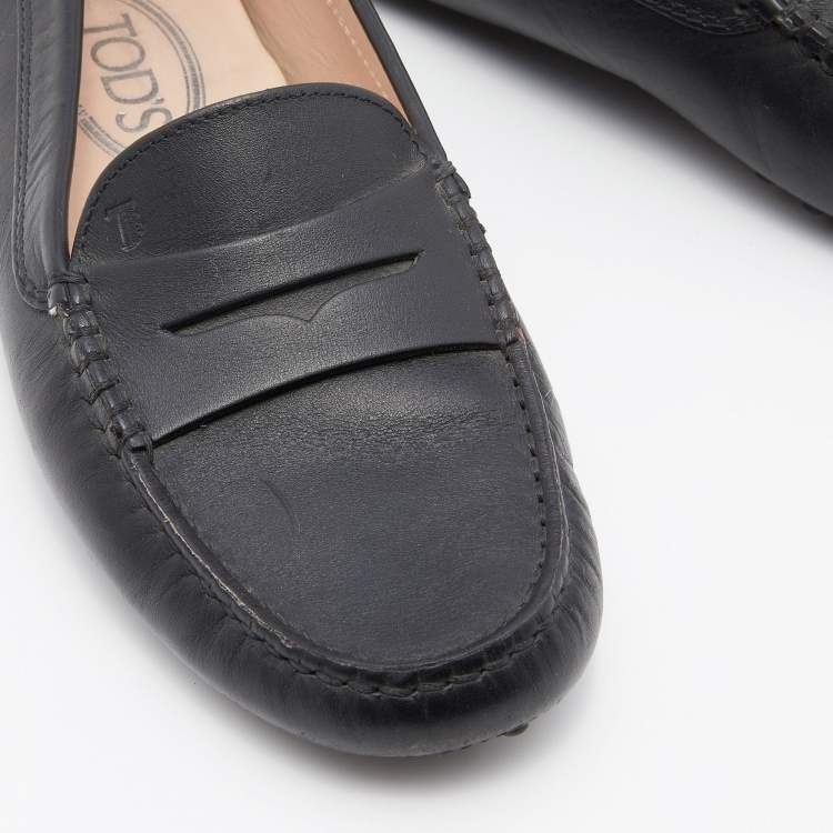 Pre Owned Tod's Black Leather Gommino Slip On Loafers Size 37