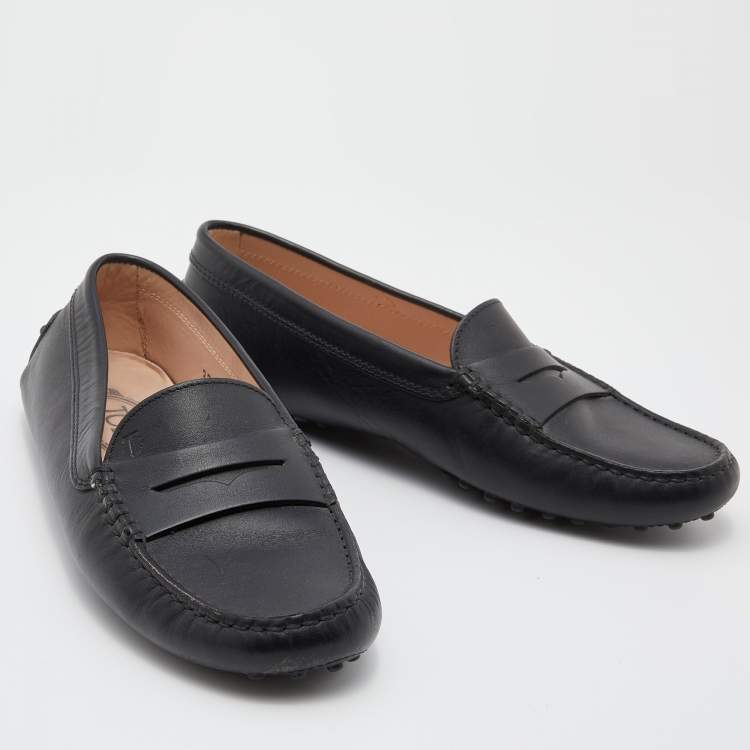 Pre Owned Tod's Black Leather Gommino Slip On Loafers Size 37