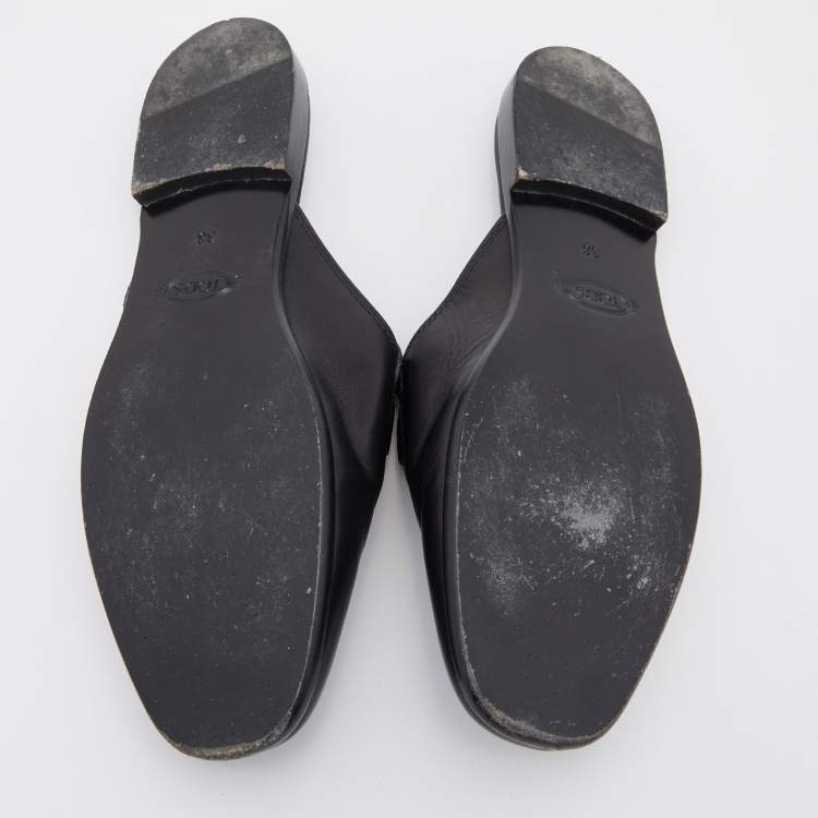 Pre Owned Tod's Black Leather Double T Flat Mules Size 38