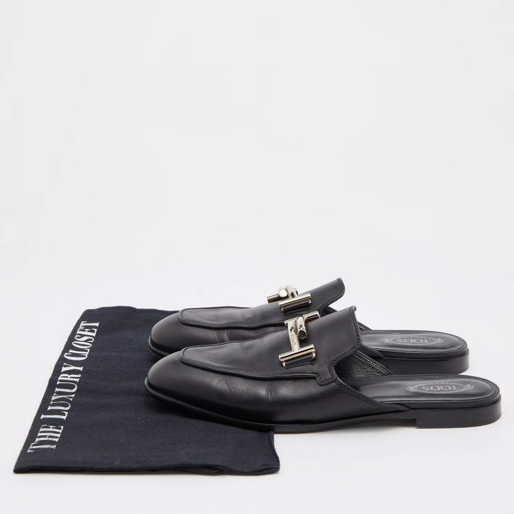 Pre Owned Tod's Black Leather Double T Flat Mules Size 38