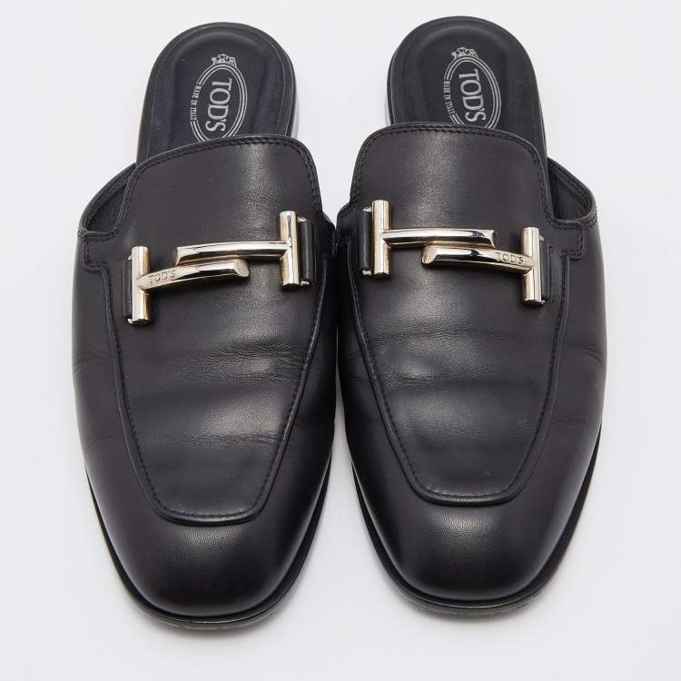 Pre Owned Tod's Black Leather Double T Flat Mules Size 38