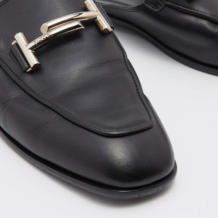 Pre Owned Tod's Black Leather Double T Flat Mules Size 38