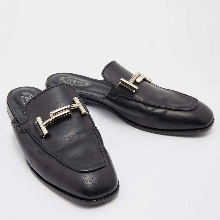 Pre Owned Tod's Black Leather Double T Flat Mules Size 38