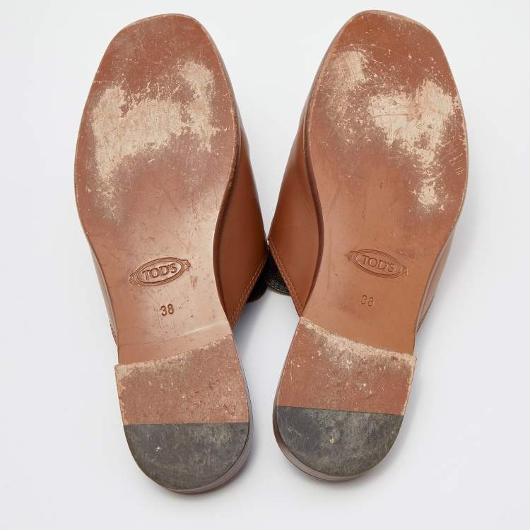 Pre Owned Tod's Brown Leather Double T Flat Mules Size 38