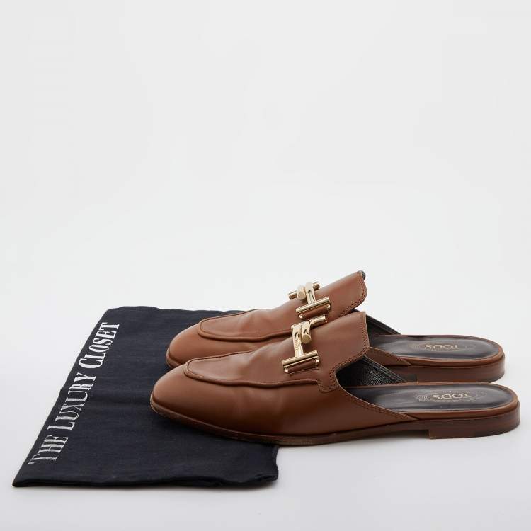 Pre Owned Tod's Brown Leather Double T Flat Mules Size 38