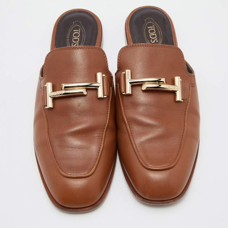 Pre Owned Tod's Brown Leather Double T Flat Mules Size 38