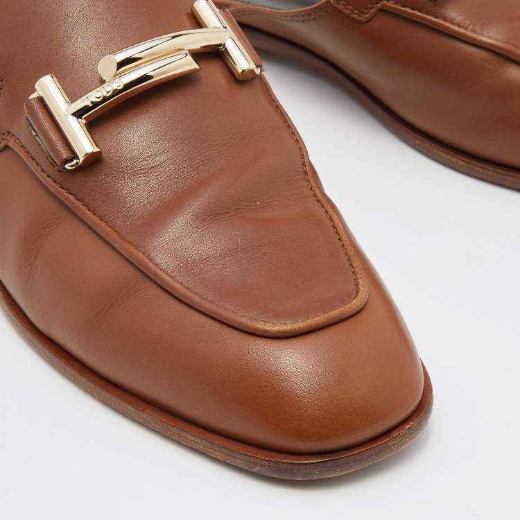 Pre Owned Tod's Brown Leather Double T Flat Mules Size 38