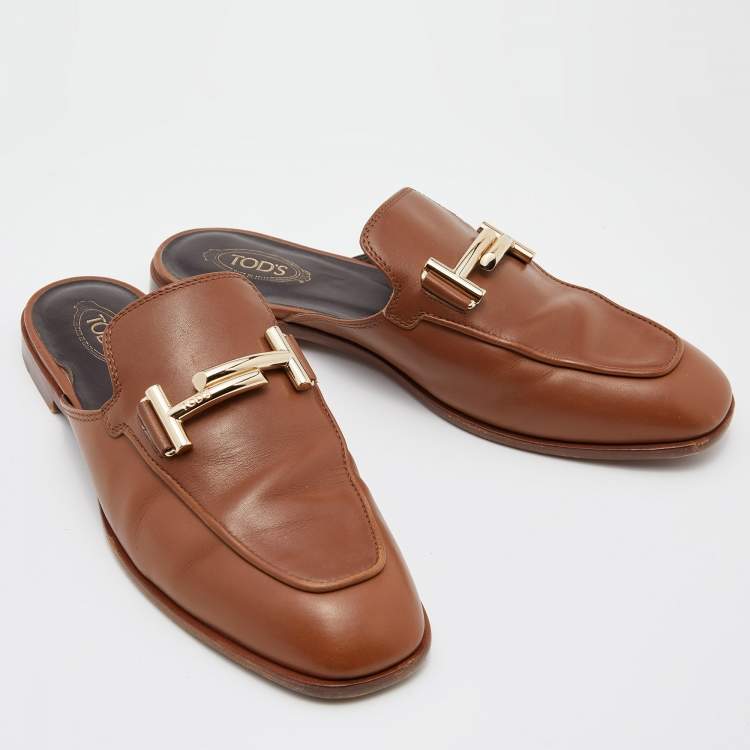 Pre Owned Tod's Brown Leather Double T Flat Mules Size 38