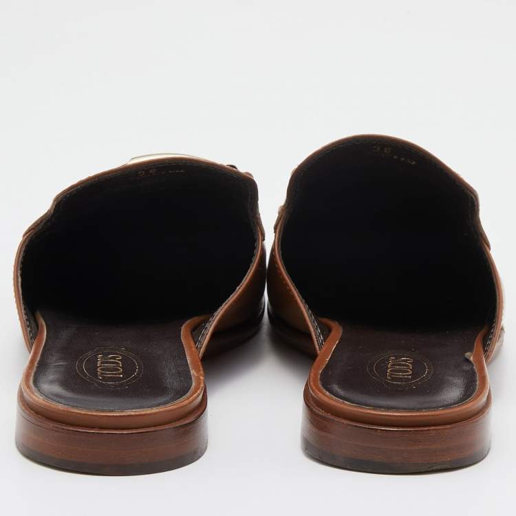 Pre Owned Tod's Brown Leather Double T Flat Mules Size 38