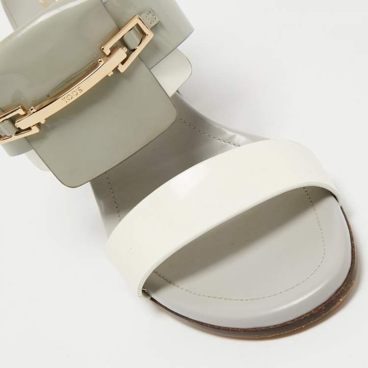 Pre Owned Tod's Grey Patent Leather Ankle Strap Block Heel Sandals Size 40