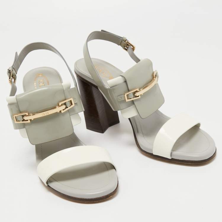 Pre Owned Tod's Grey Patent Leather Ankle Strap Block Heel Sandals Size 40