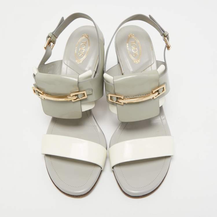 Pre Owned Tod's Grey Patent Leather Ankle Strap Block Heel Sandals Size 40