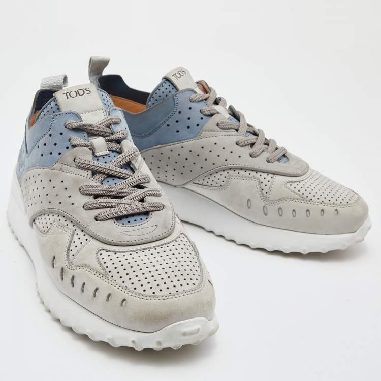Pre Owned Tod's Grey/Blue Nubuck Leather Perforated Low Top Sneakers Size 39