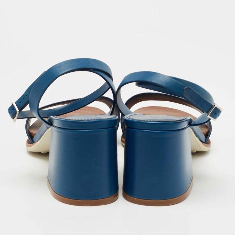 Pre Owned Tod's Blue Leather Block Heel Ankle Strap Sandals Size 40