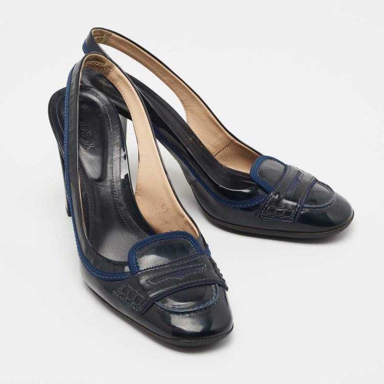 Pre Owned Tod's Navy Blue Patent Leather Penny Loafer Slingback Pumps Size 41