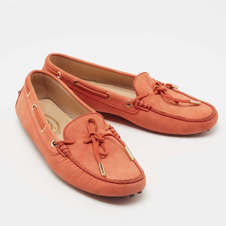 Pre Owned Tod's Orange Nubuck Gommino Slip On Loafers Size 40