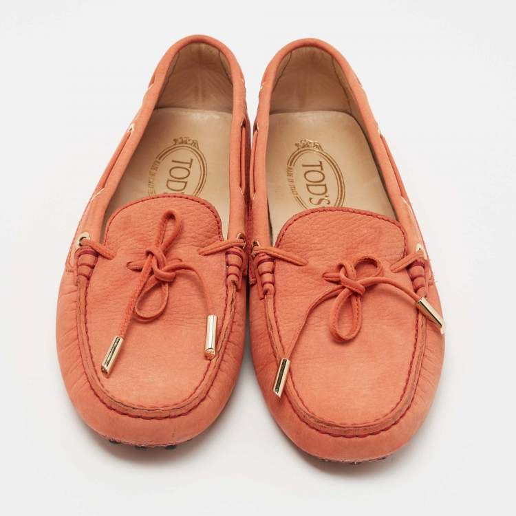 Pre Owned Tod's Orange Nubuck Gommino Slip On Loafers Size 40