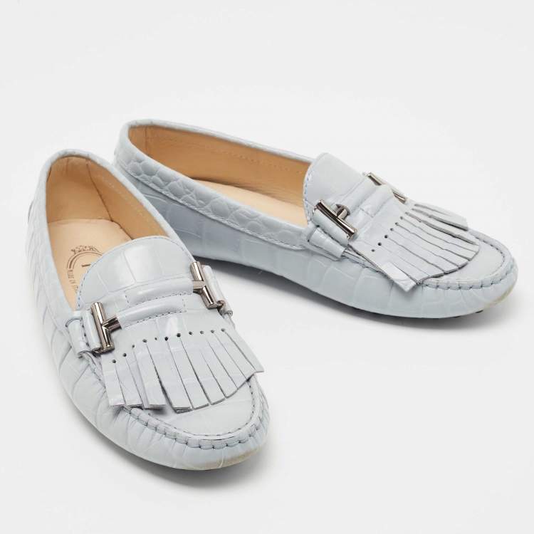 Pre Owned Tod's Light Grey Croc Embossed Leather Fringe Loafers Size 36