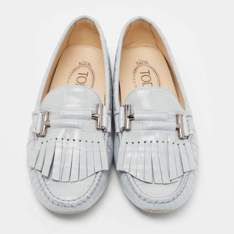 Pre Owned Tod's Light Grey Croc Embossed Leather Fringe Loafers Size 36