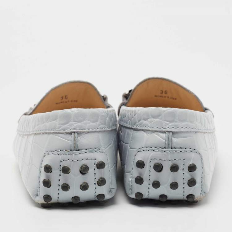 Pre Owned Tod's Light Grey Croc Embossed Leather Fringe Loafers Size 36