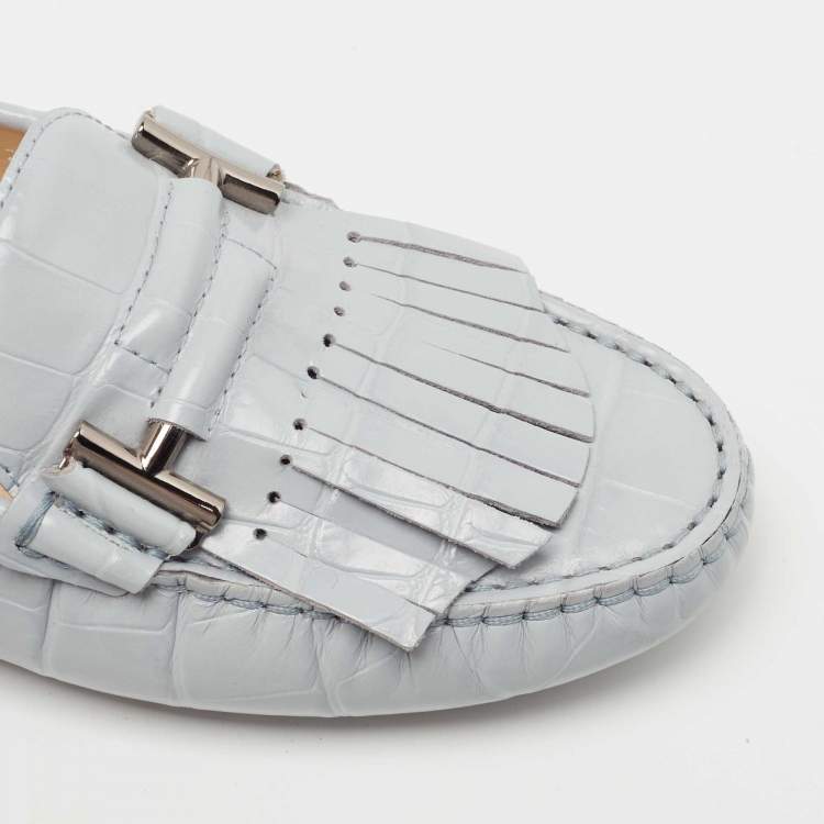 Pre Owned Tod's Light Grey Croc Embossed Leather Fringe Loafers Size 36