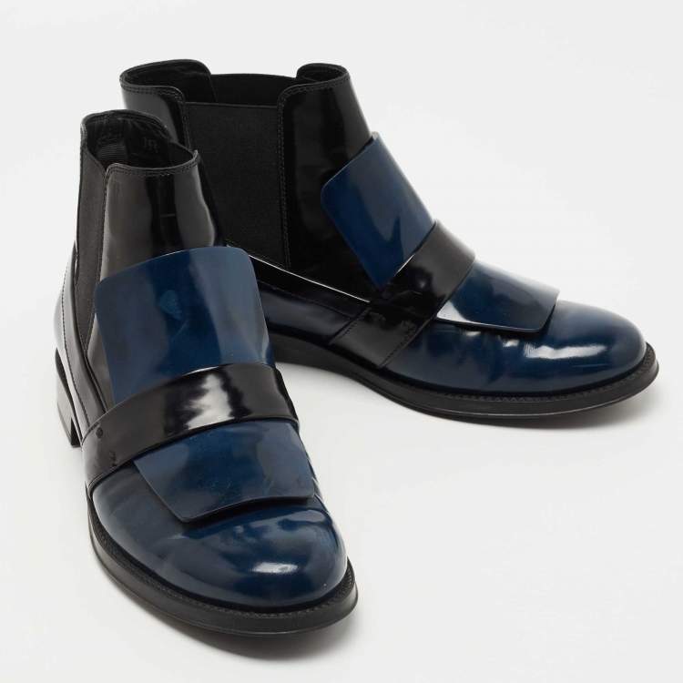 Pre Owned Tod's Black/Blue Glossy Leather Chelsea Ankle Boots Size 36.5