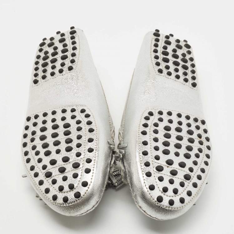 Pre Owned Tod's Metallic Silver Leather Fringe Tassel Details Slip On Loafers Size 39