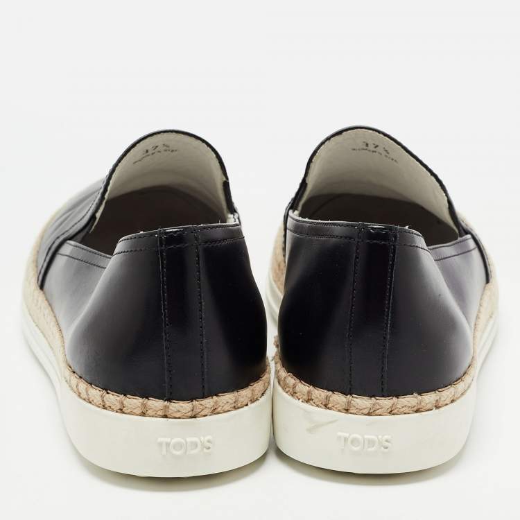 Pre Owned Tod's Black Leather Espadrille Slip On Loafers Size 37.5
