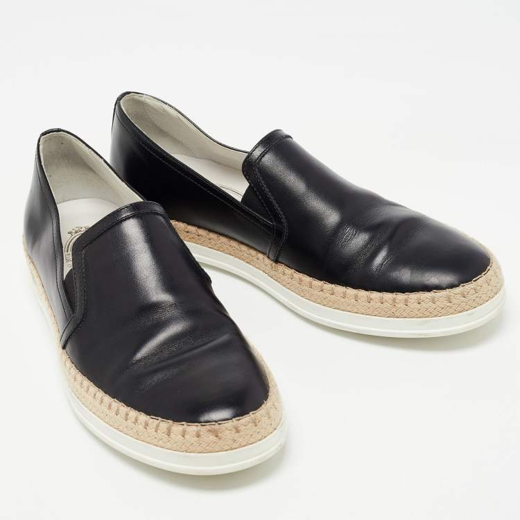 Pre Owned Tod's Black Leather Espadrille Slip On Loafers Size 37.5