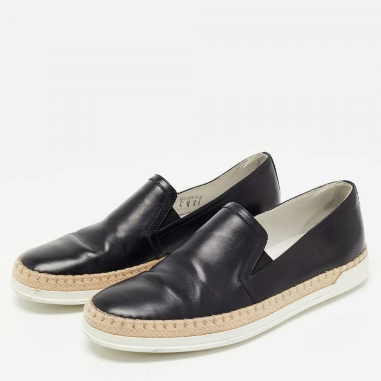 Pre Owned Tod's Black Leather Espadrille Slip On Loafers Size 37.5