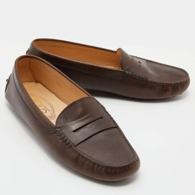 Pre Owned Tod's Dark Brown Gommino Slip On Loafers Size 36.5