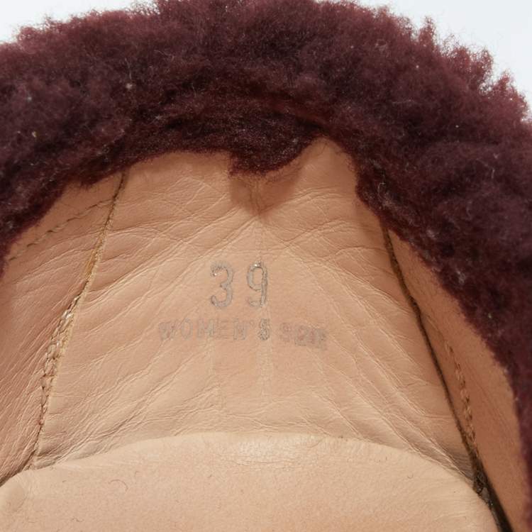 Pre Owned Tod's Burgundy Shealing Fur and Suede Double T Slip On Loafers Size 39