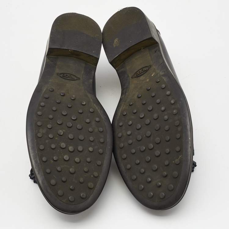 Pre Owned Tod's Dark Grey Leather Tassel Bow Fringe Detail Loafers Size 37.5 