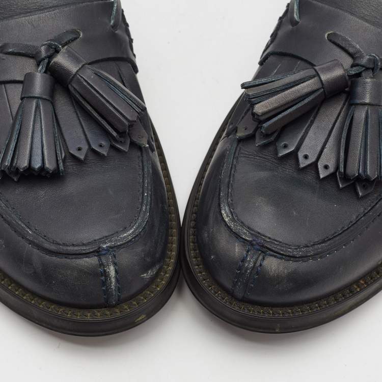 Pre Owned Tod's Dark Grey Leather Tassel Bow Fringe Detail Loafers Size 37.5 