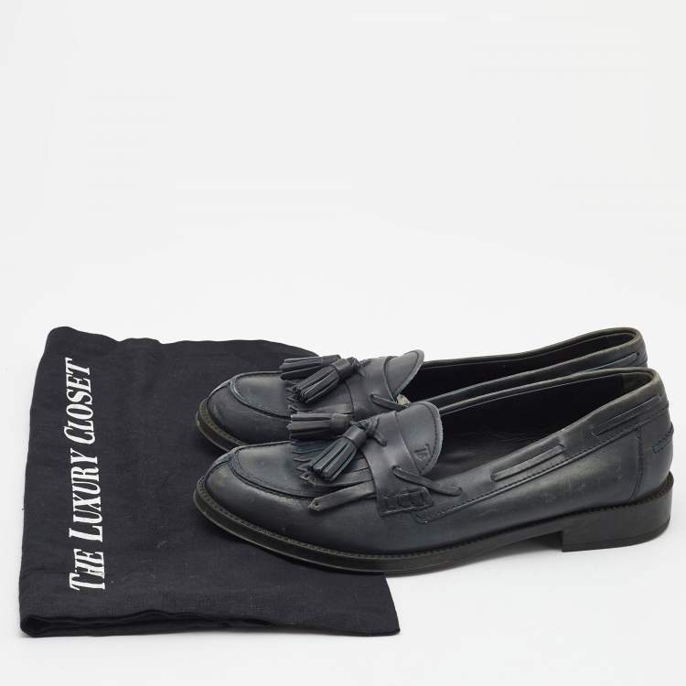 Pre Owned Tod's Dark Grey Leather Tassel Bow Fringe Detail Loafers Size 37.5 