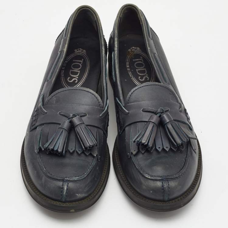 Pre Owned Tod's Dark Grey Leather Tassel Bow Fringe Detail Loafers Size 37.5 