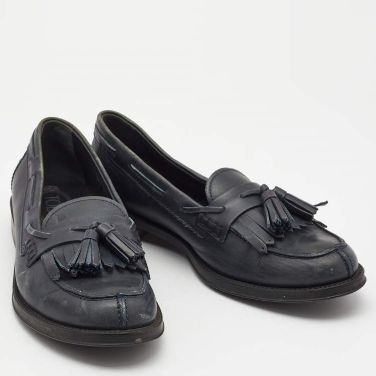 Pre Owned Tod's Dark Grey Leather Tassel Bow Fringe Detail Loafers Size 37.5 