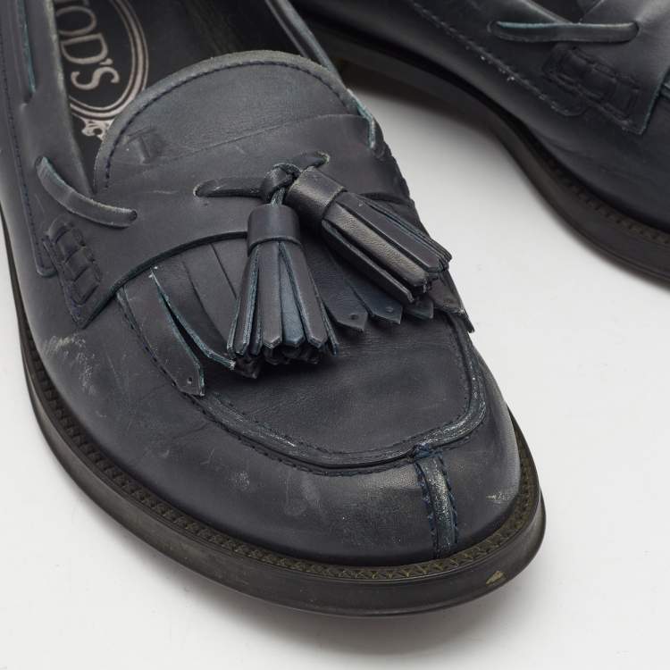Pre Owned Tod's Dark Grey Leather Tassel Bow Fringe Detail Loafers Size 37.5 