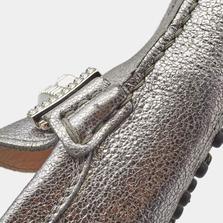Pre Owned Tod's Silver Leather Embellished Double T Slip On Loafers Size 35