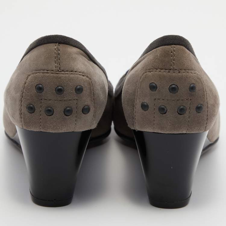 Pre Owned Tod's Grey Suede Penny Loafer Wedge Pumps Size 36