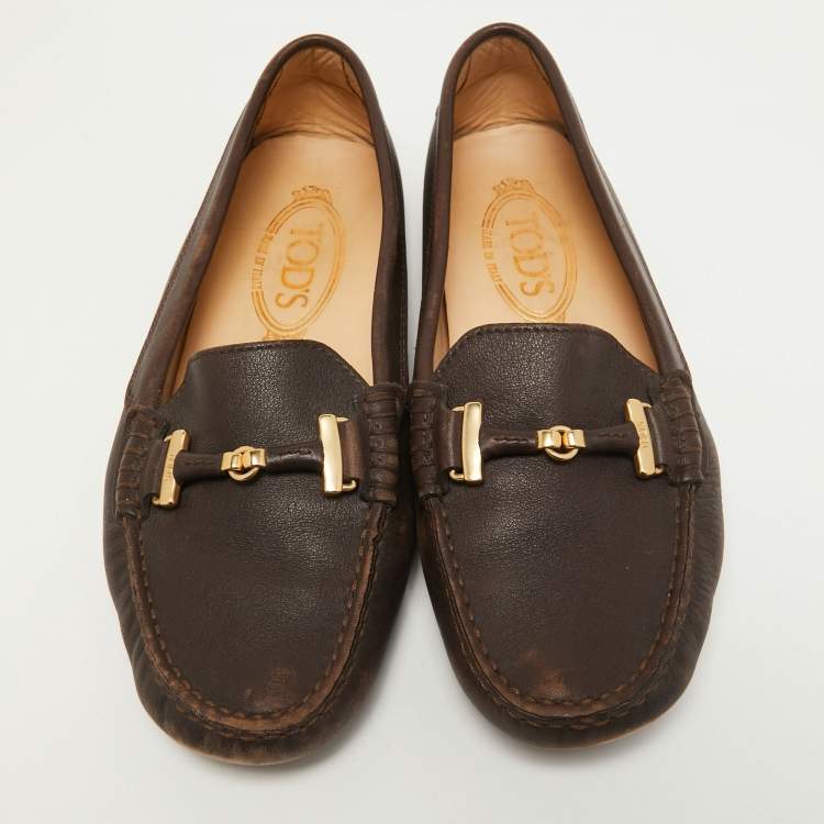 Pre Owned Tod's Brown Leather Gommino Slip On Loafers Size 36