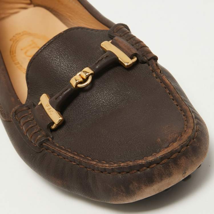 Pre Owned Tod's Brown Leather Gommino Slip On Loafers Size 36