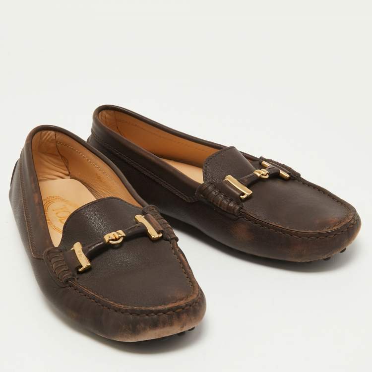 Pre Owned Tod's Brown Leather Gommino Slip On Loafers Size 36