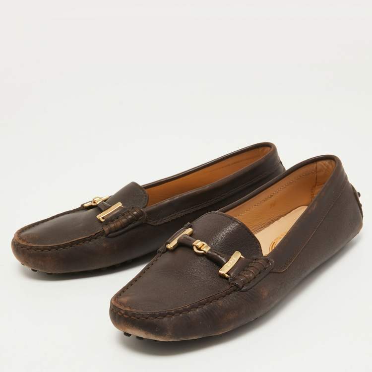 Pre Owned Tod's Brown Leather Gommino Slip On Loafers Size 36
